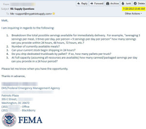 fema email to mypatriotsupply emergency survival food supplier