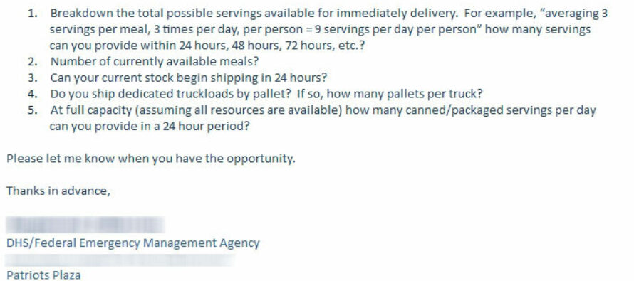 Emergency Survival Food Supplier Gets Alarming Email Request From FEMA